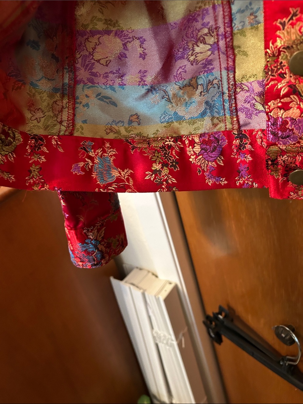 Spenser Jeremy Red Floral Brocade Jean Jacket with Gold & Blue Accents - Picture 4 of 5